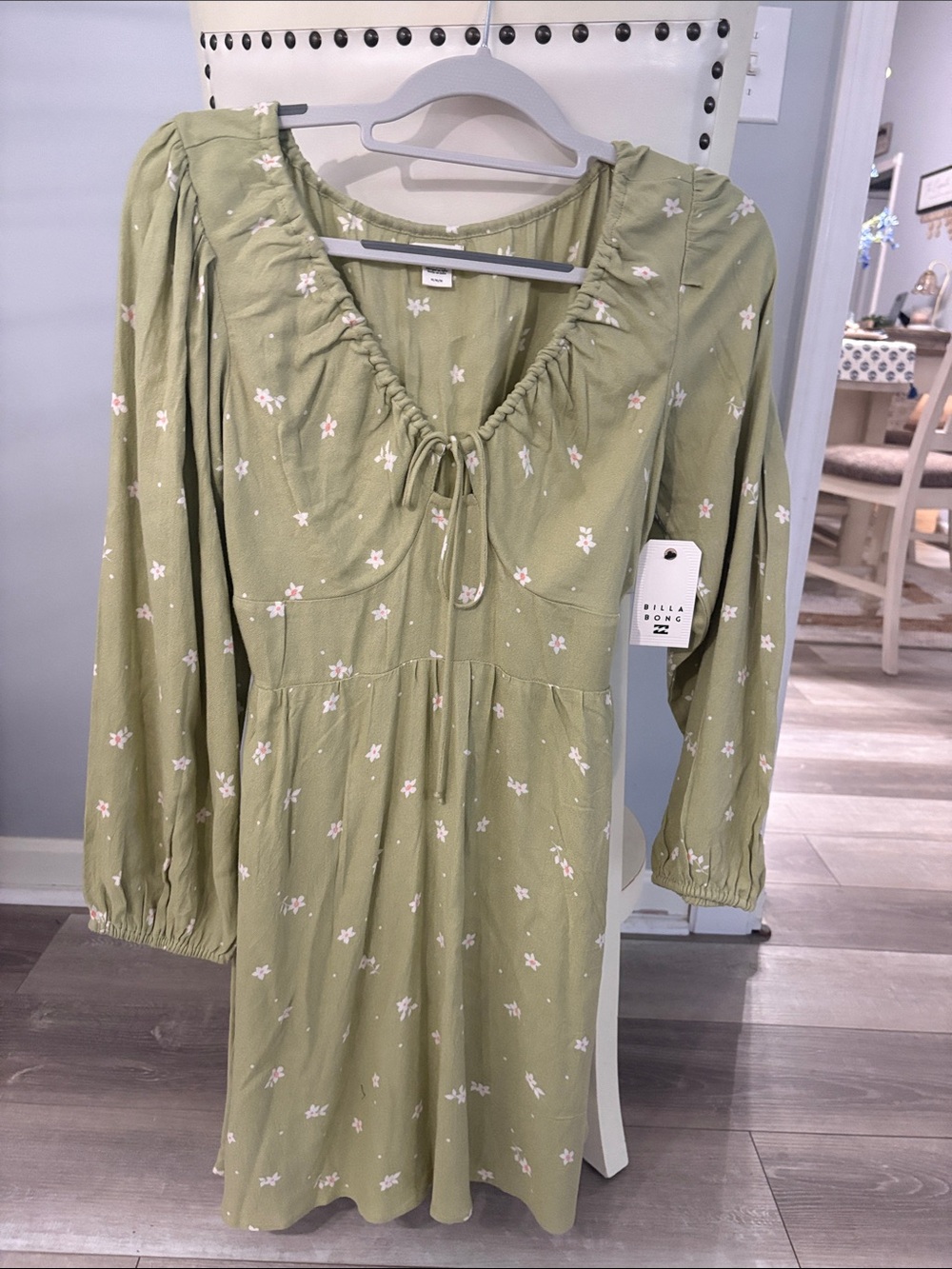 Billabong Olive Green Floral Tie-Front Long Sleeve Dress